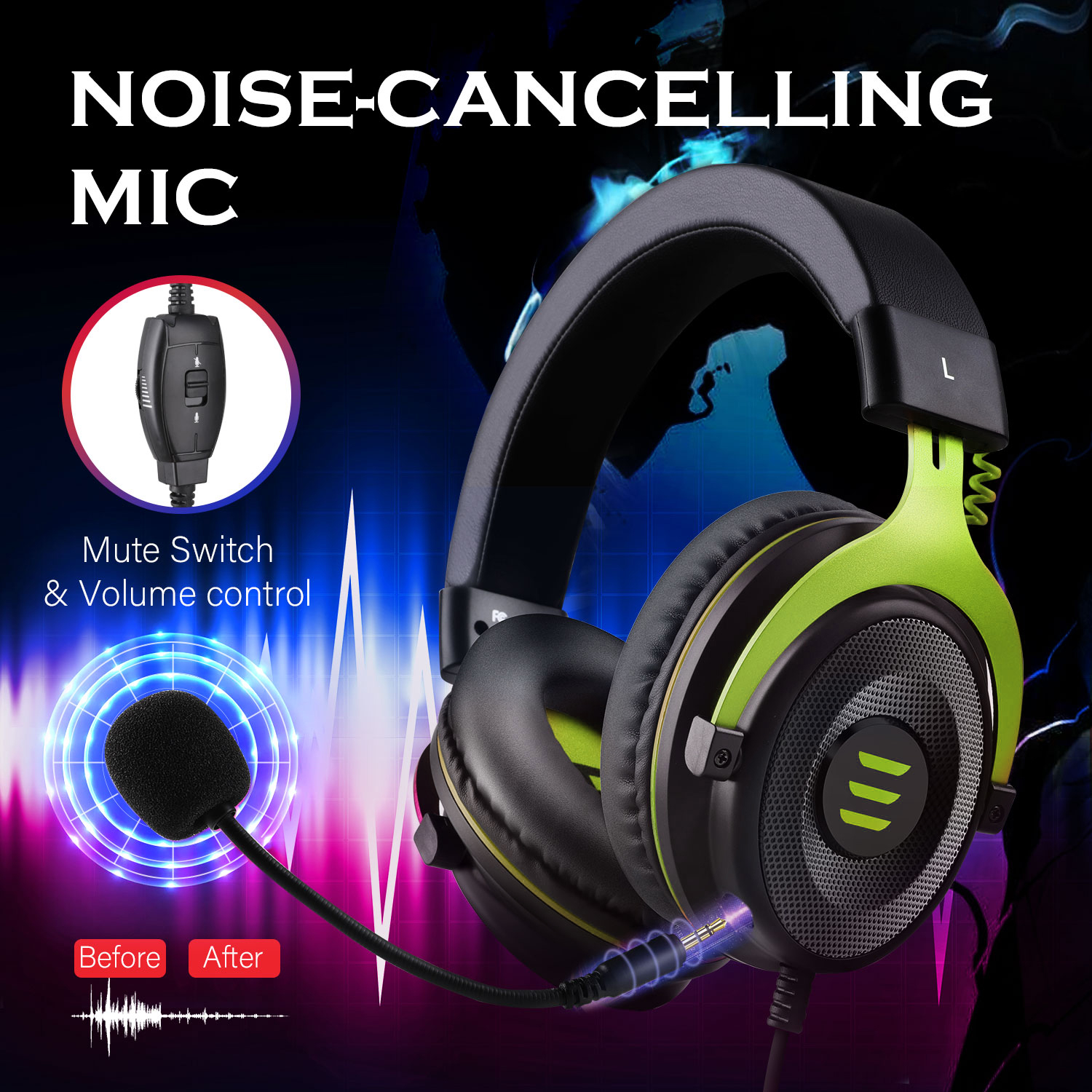 EKSA E900 Noise Cancelling Stereo Gaming Headset GREEN Vibe Gaming