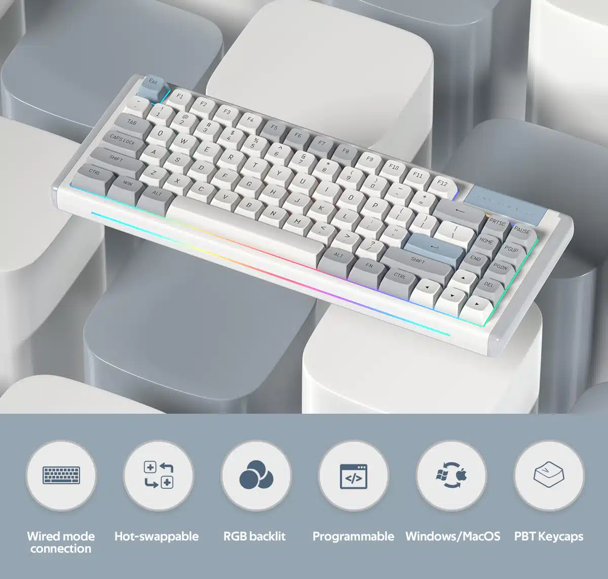 Dustsilver K84 Grey White Blue (Red Switch) 75% Rgb Backlit Mechanical Keyboard 7 20
