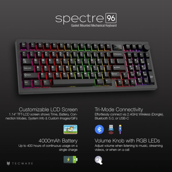 Tecware Spectre 96 Gasket Mounted Hot-swap 5-pin Mechanical Keyboard | 1.14" Customizable LCD Display with Knob | Black - Image 7