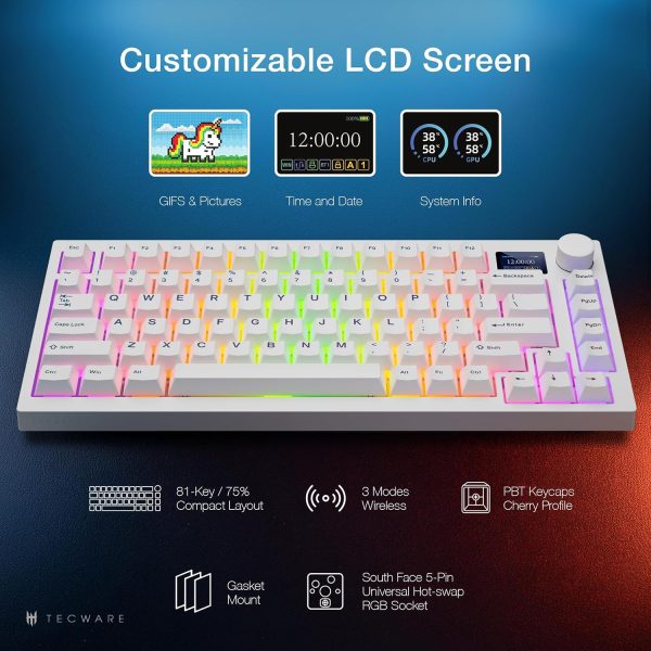 Tecware Spectre 75 Gasket Mounted Hot-swap 5-pin Mechanical Keyboard | 1.14" Customizable LCD Display with Knob | White - Image 4