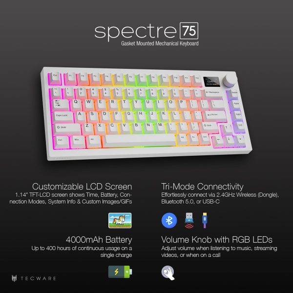 Tecware Spectre 75 Gasket Mounted Hot-swap 5-pin Mechanical Keyboard | 1.14" Customizable LCD Display with Knob | White - Image 6