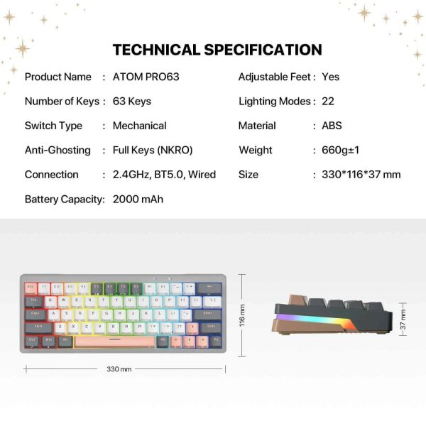 Fantech MK912 ATOM PRO63 RGB Tri-Mode Wireless Gaming keyboard, Mercury (Red Switch) - Image 8