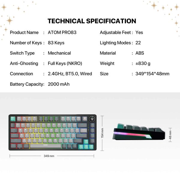 FANTECH MK913 ATOM PRO83 TRI-MODE WIRELESS MECHANICAL KEYBOARD, MERCURY BLACK (RED SWITCH) - Image 12