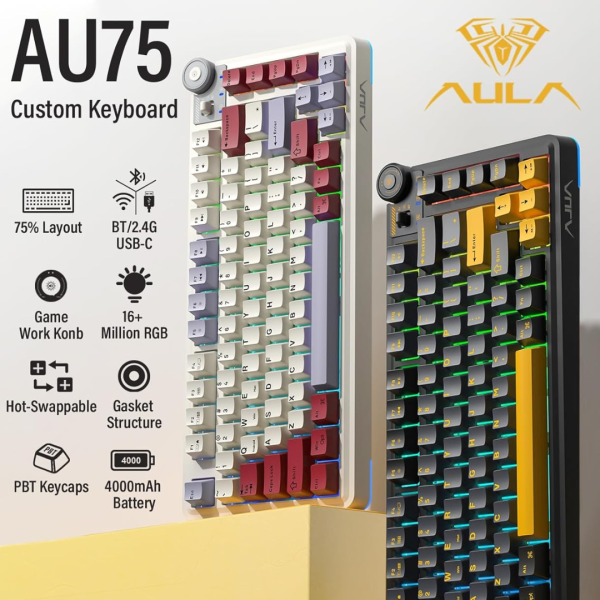 AULA AU75 Tri-Mode Wireless Gasket Mounted Mechanical Keyboard, Black - Image 3