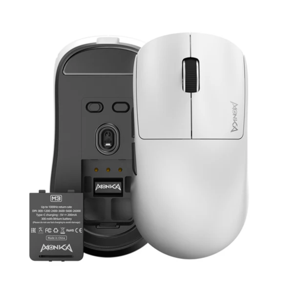 MONKA M3 PAW3395 Tri-Mode Wireless Gaming Mouse, White - Image 3