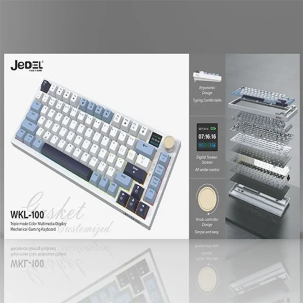 JEDEL WKL-100 Tri-Mode Gaming Mechanical Keyboard with KNOB & Display, White - Image 3