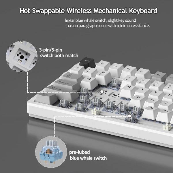 MageGee LIGHT87 Tri-Mode Wireless Creamy Gasket Mounted Mechanical Keyboard, White Grey (Blue Whale Switch) - Image 9