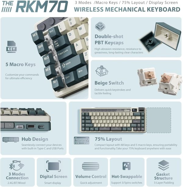 ROYAL KLUDGE RK M70 Tri-Mode Wireless With TFT Screen Gasket Mounted Mechanical Keyboard, Cyan Purple - Image 9