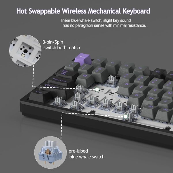 MageGee LIGHT100 Tri-Mode Wireless Creamy Gasket Mounted Mechanical Keyboard - Black Purple (Blue Whale Switch) - Image 8