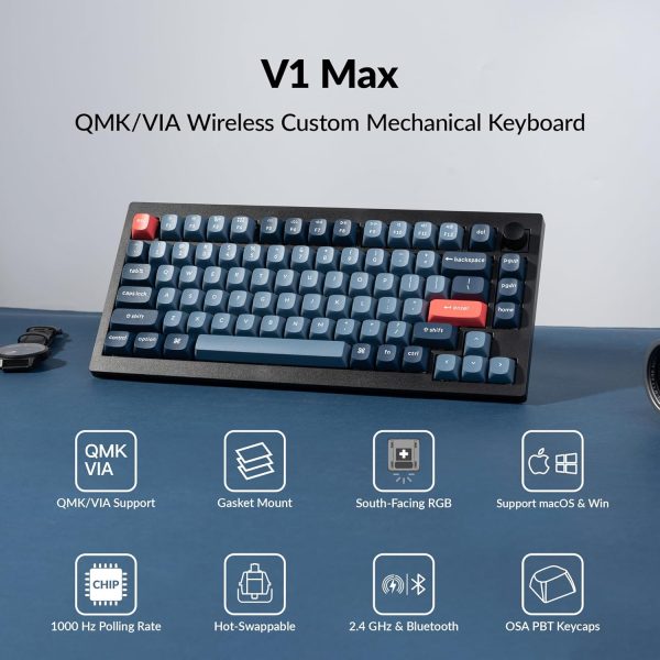 Keychron V1 Max Wireless Mechanical Keyboard, Carbon Black (Gateron Jupiter Red Switch) - Image 8