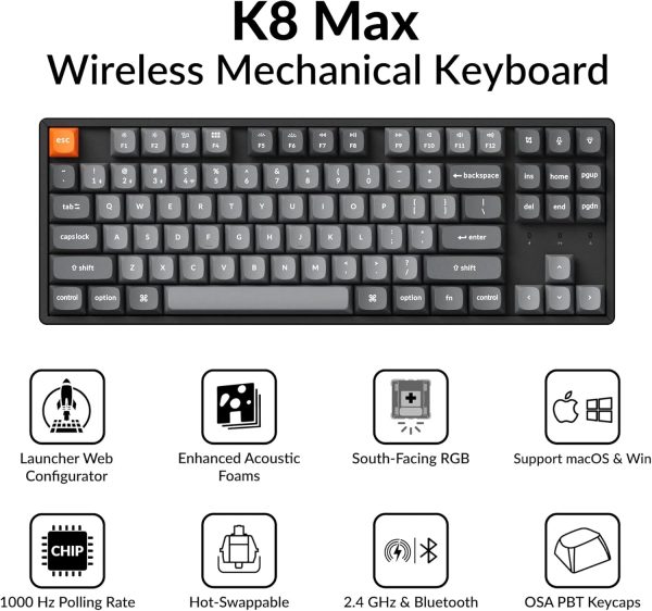 Keychron K8 Max Tri-mode Aluminium Mechanical Keyboard, Dark Gray (Keychron Super Brown Switch) - Image 14