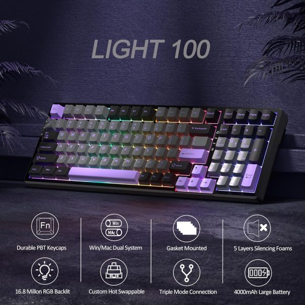 MageGee LIGHT100 Tri-Mode Wireless Creamy Gasket Mounted Mechanical Keyboard - Black Purple (Blue Whale Switch) - Image 4