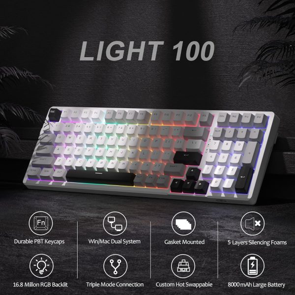 MageGee LIGHT100 Tri-Mode Wireless Creamy Gasket Mounted Mechanical Keyboard, Grey Black (Blue Whale Switch) - Image 9