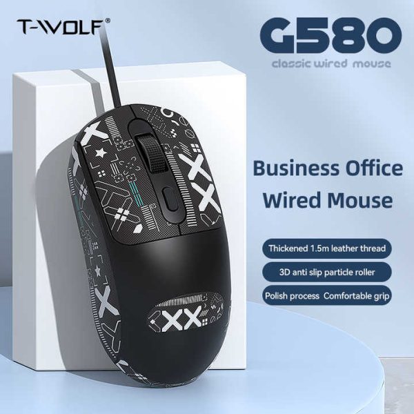T-WOLF G580 Wired Mouse With Grip Tape, Black - Image 2