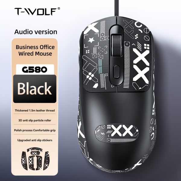 T-WOLF G580 Wired Mouse With Grip Tape, Black - Image 3