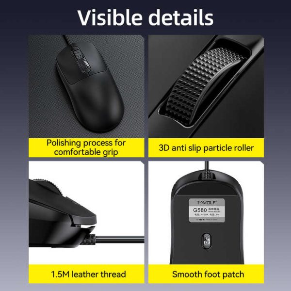 T-WOLF G580 Wired Mouse With Grip Tape, Black - Image 6