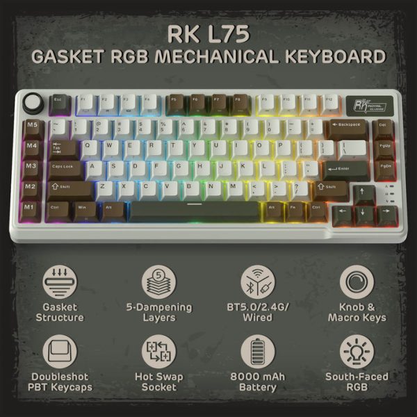 Royal Kludge L75 Tri-Mode Wireless Mechanical Keyboard, Olive Green - Image 5