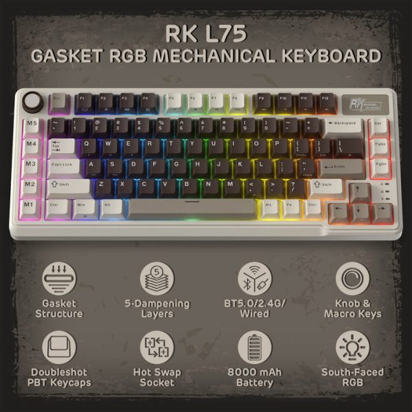 Royal Kludge L75 Tri-Mode Wireless Mechanical Keyboard, Mocha Brown - Image 4