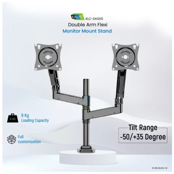Kaloc KLC-DH200/B Adjustable Double Arm Flexi Monitor Desktop Mount Stand - Image 3