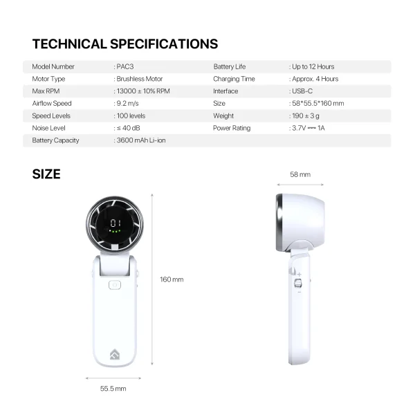 FANTECH PAC3 Portable 13000RPM RECHARGEABLE HANDHELD FAN - Image 10