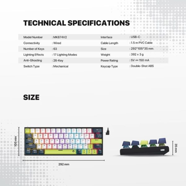 FANTECH ATOM63 MK874V2 MORI EDITION MECHANICAL GAMING KEYBOARD, Navy Blue - Image 8