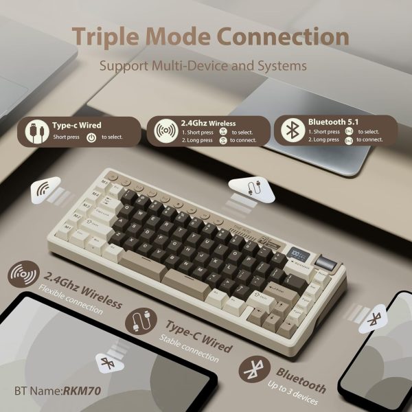 ROYAL KLUDGE RK M70 Tri-Mode Wireless With TFT Screen Gasket Mounted Mechanical Keyboard, Mocha Grey - Image 9