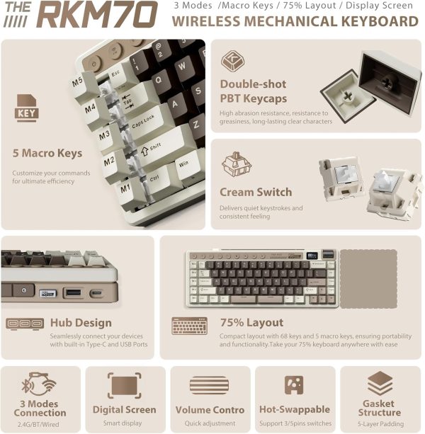 ROYAL KLUDGE RK M70 Tri-Mode Wireless With TFT Screen Gasket Mounted Mechanical Keyboard, Mocha Grey - Image 10