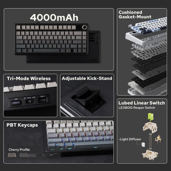 AULA F75 MAX Tri-Mode Wireless Gasket Mechanical Keyboard with TFT Screen and Knob, Black Gradient - Image 12