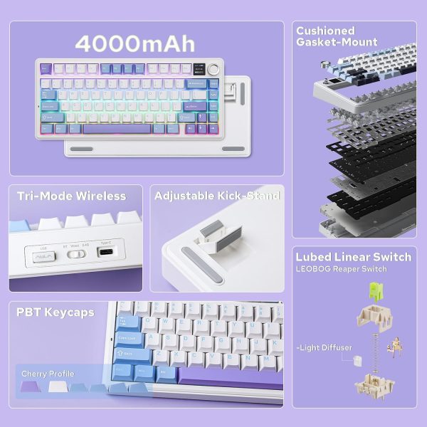 AULA F75 MAX Tri-Mode Wireless Gasket Mechanical Keyboard with TFT Screen and Knob, White Blue - Image 6