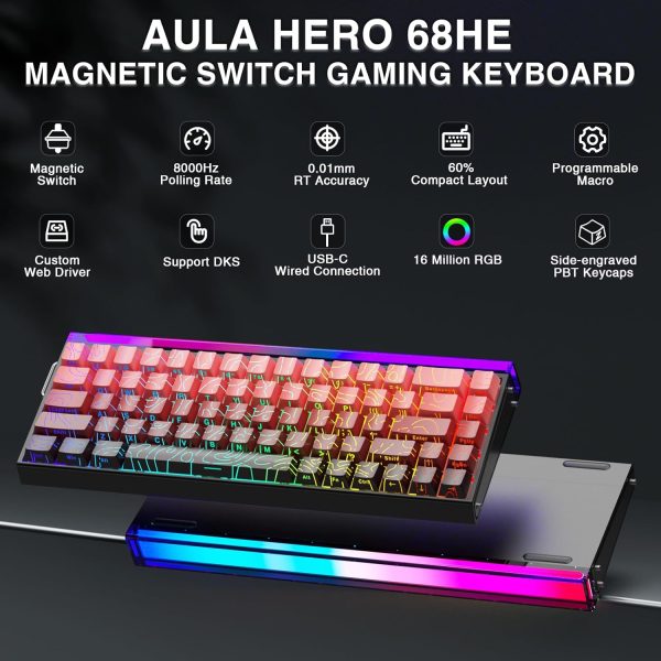 AULA HERO 68 HE Wired Hot-Swappable Magnetic Switch Gaming Keyboard, Black Pink Gradient (Dragon King Switch) - Image 8