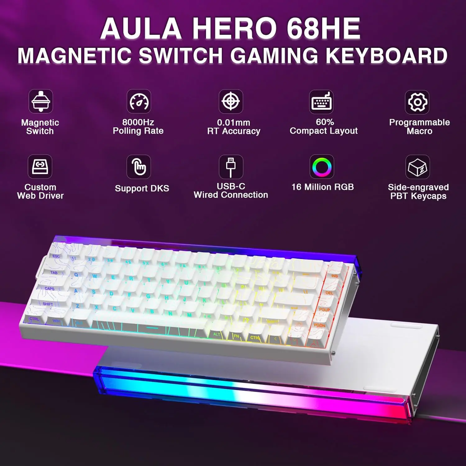 AULA HERO 68 HE Wired Hot-Swappable Magnetic Switch Gaming Keyboard, White Contour (Black King Switch) 13 AULA HERO 68 HE Wired Hot-Swappable Magnetic Switch Gaming Keyboard, White Contour (Black King Switch) - Image 13