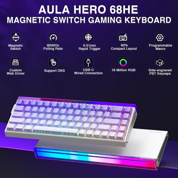 AULA HERO 68 HE Wired Hot-Swappable Magnetic Switch Gaming Keyboard, Purple Contour (Dragon King Switch) - Image 18