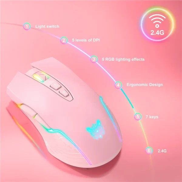 ONIKUMA CW905 2.4G Wireless Rechargeable Gaming Mouse, Pink - Image 5