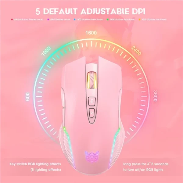 ONIKUMA CW905 2.4G Wireless Rechargeable Gaming Mouse, Pink - Image 6