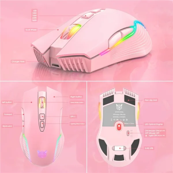 ONIKUMA CW905 2.4G Wireless Rechargeable Gaming Mouse, Pink - Image 3