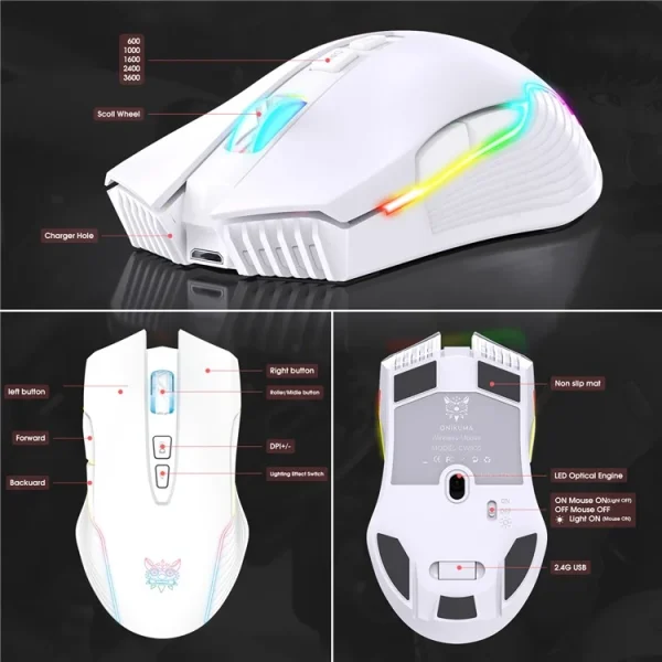 ONIKUMA CW905 2.4G Wireless Rechargeable Gaming Mouse, White - Image 7