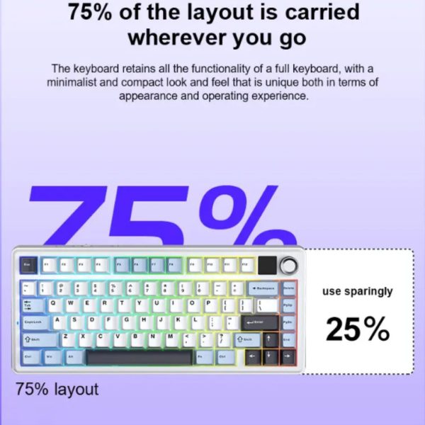 AULA F75 MAX Tri-Mode Wireless Gasket Mechanical Keyboard with TFT Screen and Knob, Glacier Blue - Image 6