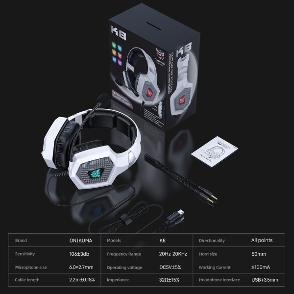 ONIKUMA K8 Wired Stereo Gaming Headphone, White - Image 5