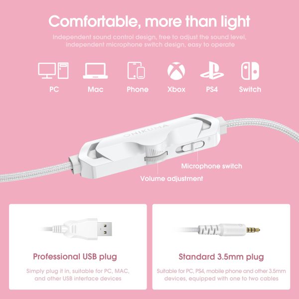 ONIKUMA X10 Stereo Wired Gaming Headset, White Pink - Image 4