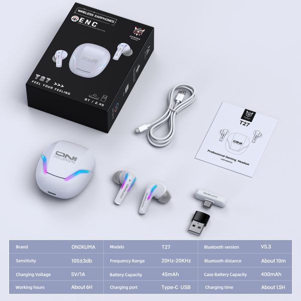 ONIKUMA T27 2.4G Wireless Gaming Earbuds with ENC Mic, White - Image 12