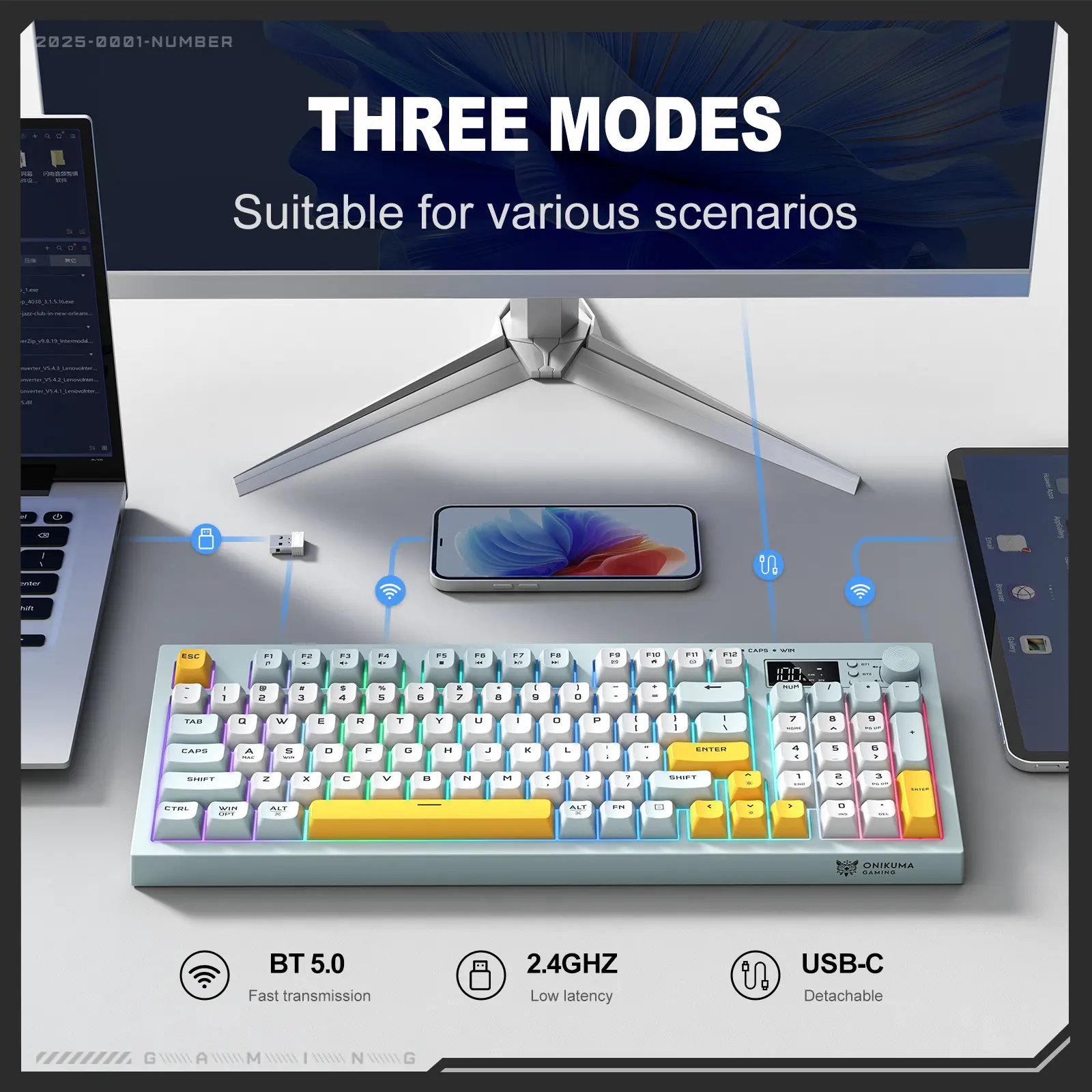ONIKUMA G80 94 Keys Tri-Mode Wireless Membrane Keyboard with LCD Screen & Multifunction Knob 11 ONIKUMA G80 94 Keys Tri-Mode Wireless Membrane Keyboard with LCD Screen & Multifunction Knob - Image 11