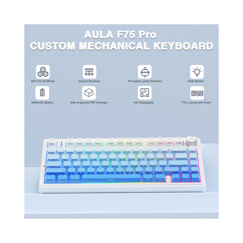 AULA F75 PRO Tri-Mode Wireless Mechanical Keyboard, Gradient Blue (Reaper Switch) 3 AULA F75 PRO Tri-Mode Wireless Mechanical Keyboard, Gradient Blue (Reaper Switch) - Image 3