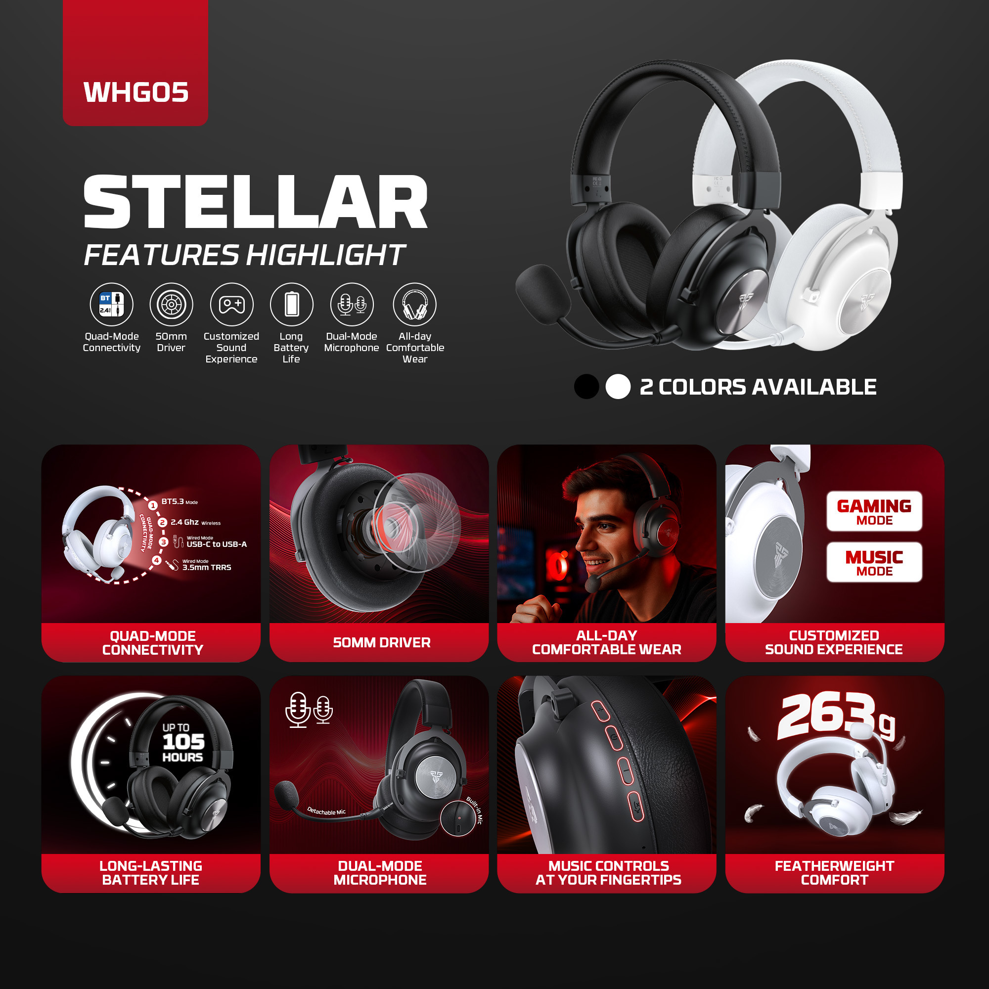 FANTECH WHG05 STELLAR Multiplatform Tri-Mode Wireless Gaming Headset 7 FANTECH WHG05 STELLAR Multiplatform Tri-Mode Wireless Gaming Headset - Image 7