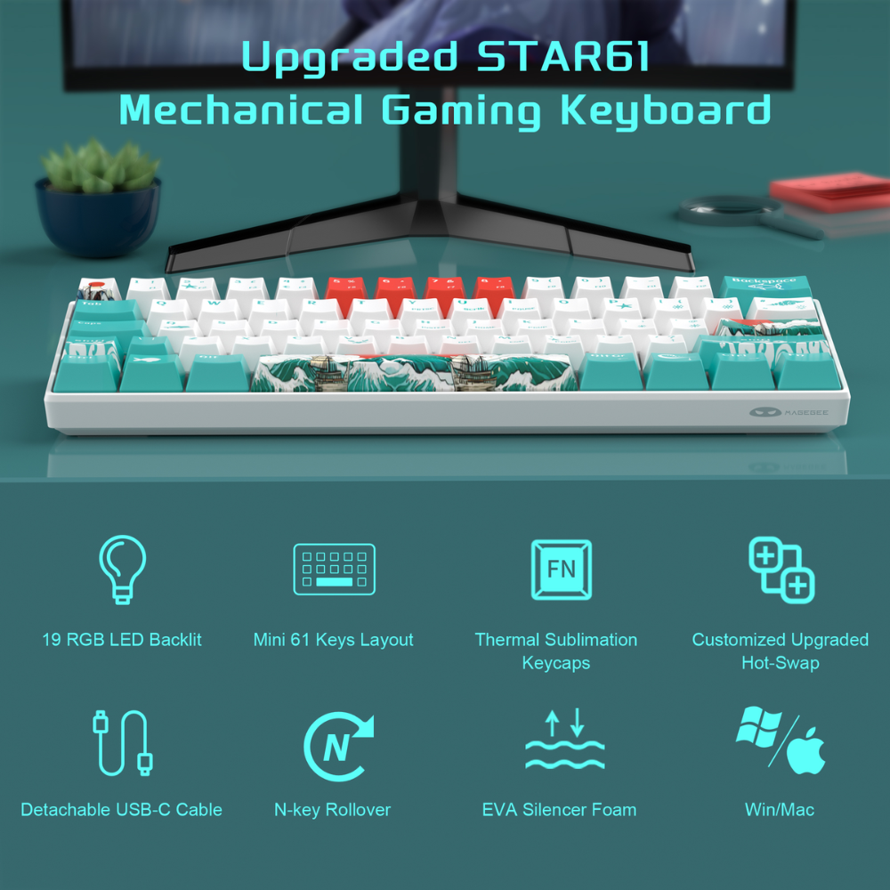 MageGee MK-STAR61 Wired RGB Mechanical Keyboard, Waves (Ivory White Switch) 8 MageGee MK-STAR61 Wired RGB Mechanical Keyboard, Waves (Ivory White Switch) - Image 8
