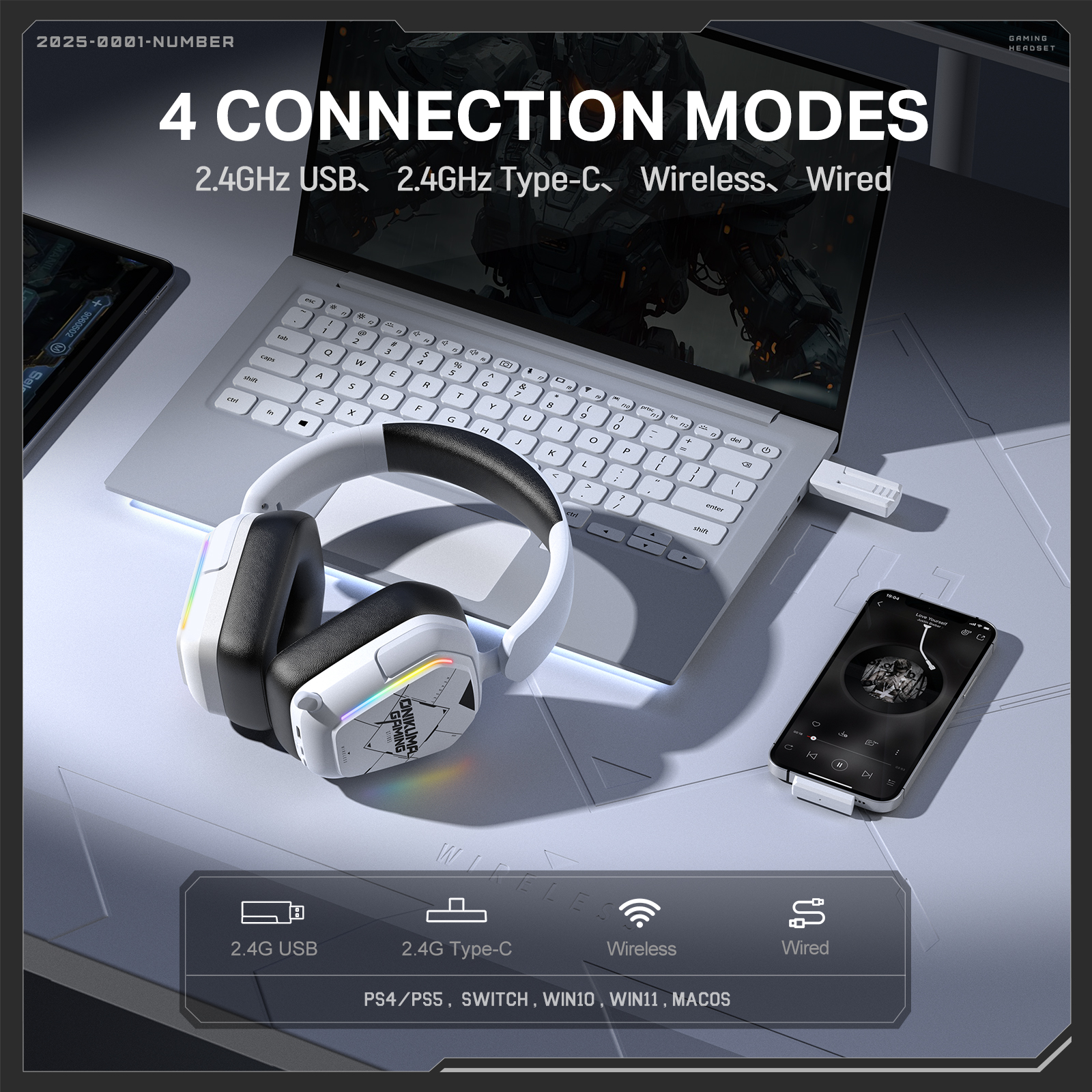 Onikuma GT883 4-Mode Wireless Gaming Headset, (Black/White) 4 Onikuma GT883 4-Mode Wireless Gaming Headset, (Black/White) - Image 4
