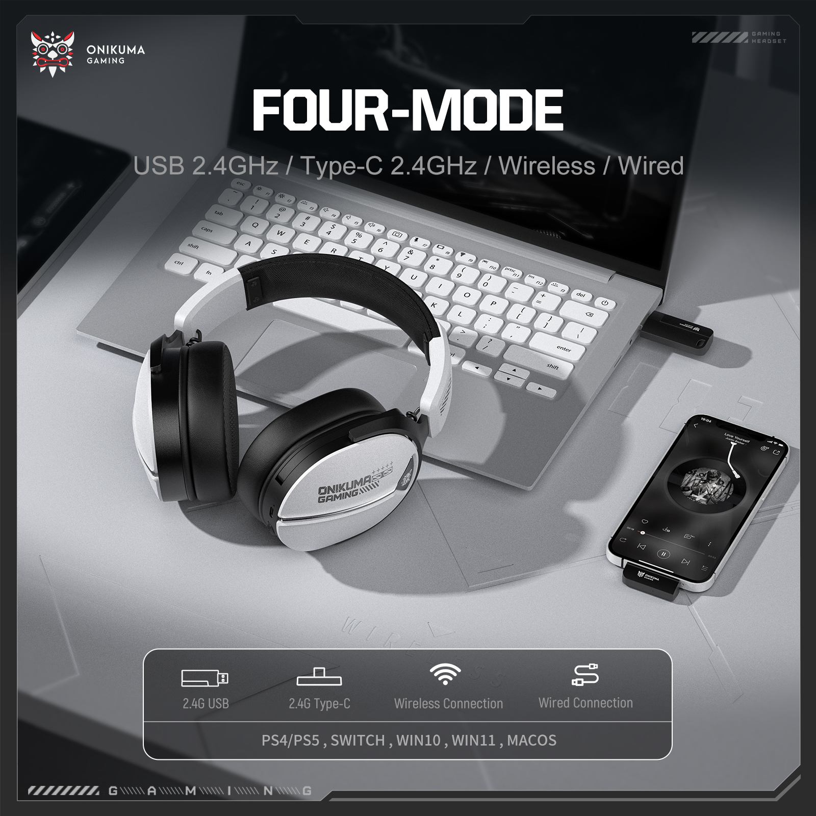 Onikuma GT887 Quad-Mode Wireless Gaming Headset, White 3 Onikuma GT887 Quad-Mode Wireless Gaming Headset, White - Image 3