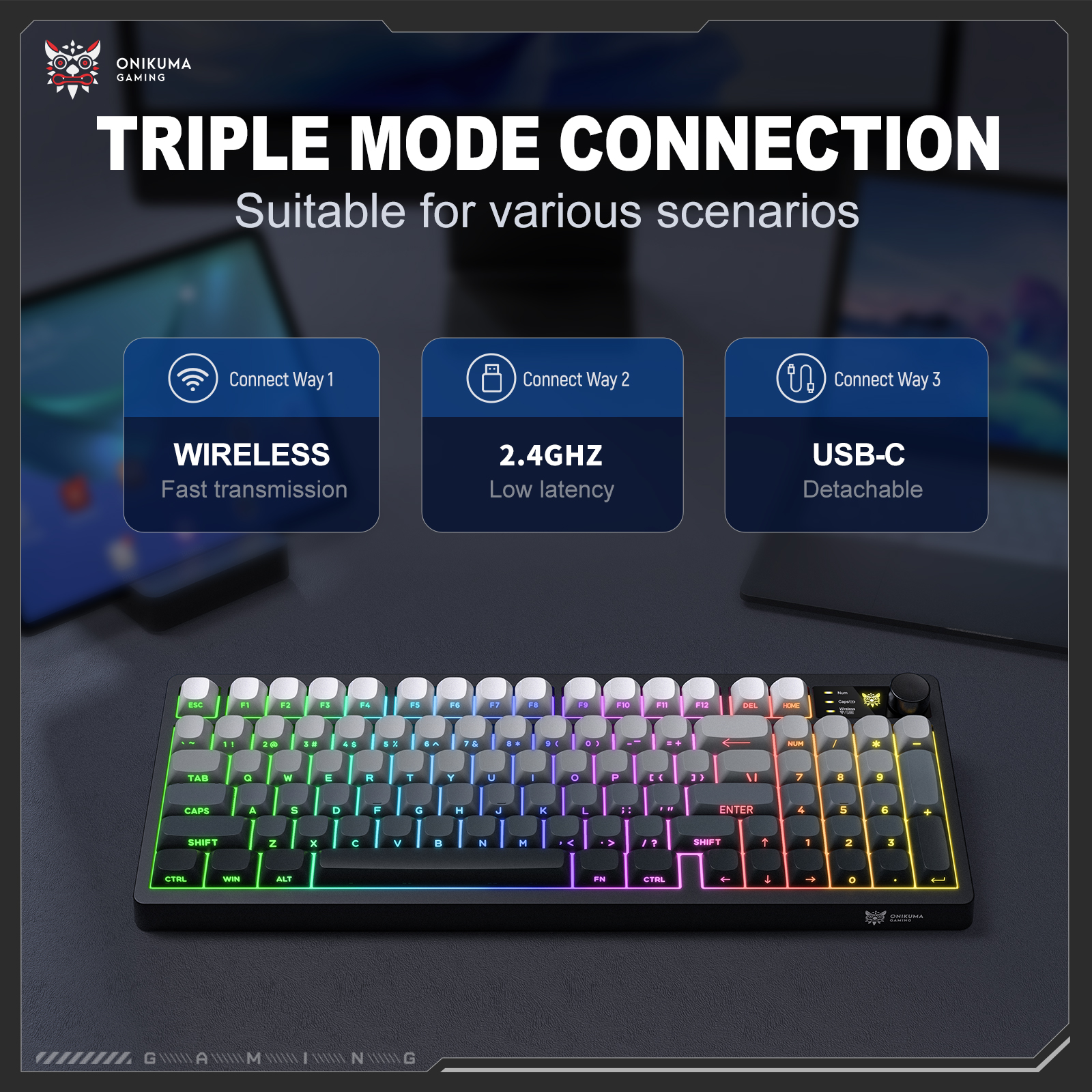 Onikuma MT902 RGB Tri-Mode Wireless Membrane Keyboard, Black Gradient 7 Onikuma MT902 RGB Tri-Mode Wireless Membrane Keyboard, Black Gradient - Image 7