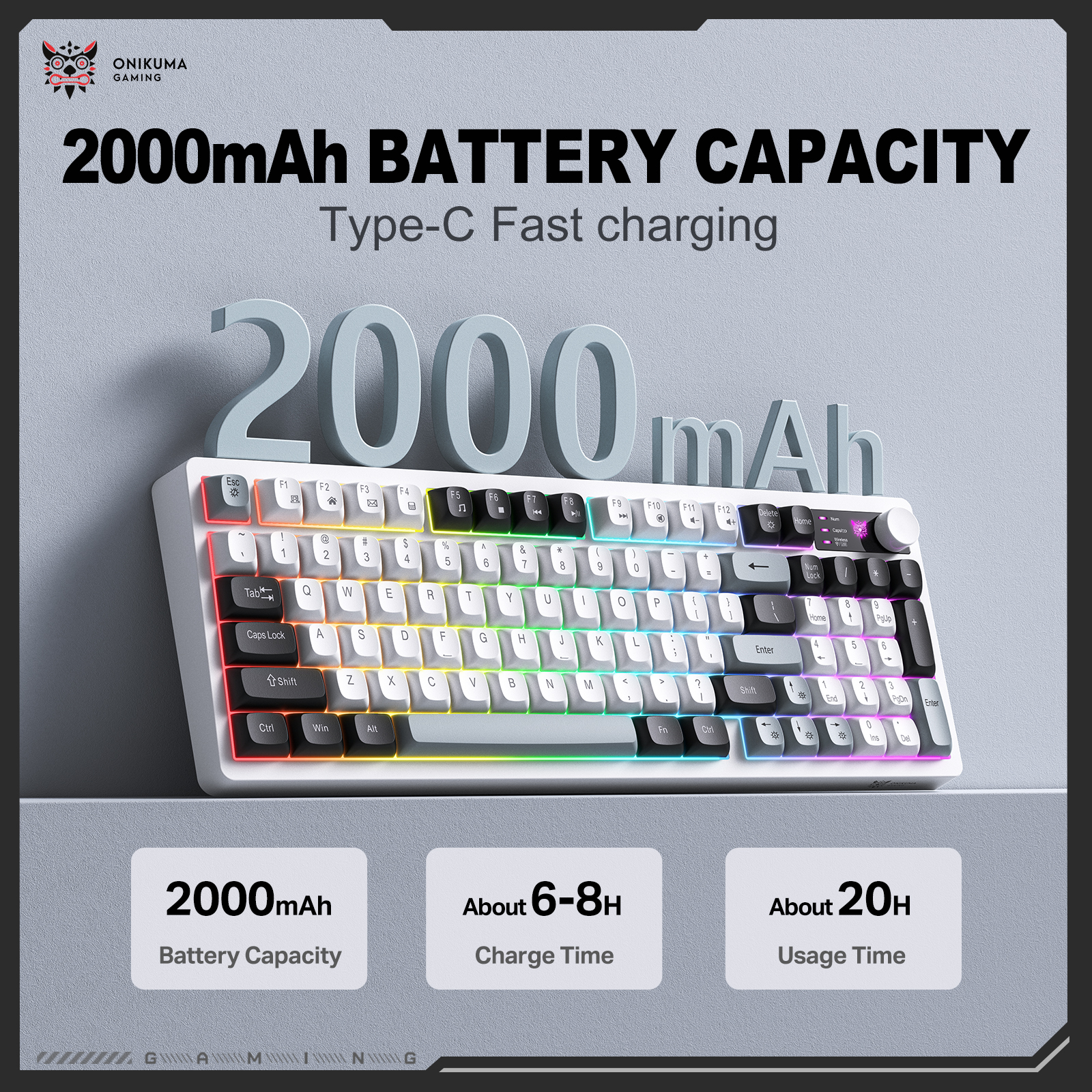 Onikuma MT902 RGB Tri-Mode Wireless Membrane Keyboard, (White-Black-Grey) 8 Onikuma MT902 RGB Tri-Mode Wireless Membrane Keyboard, (White-Black-Grey) - Image 8