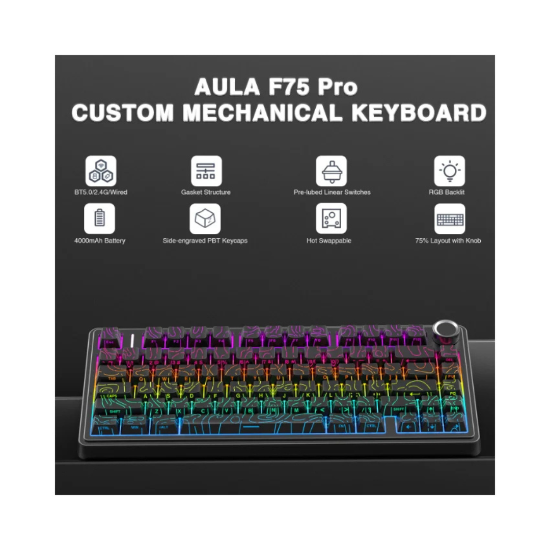 Aula F75 Pro Tri-Mode Wireless Gasket Mounted Mechanical Keyboard, Black Contour(Star Vector Switch) 3 Aula F75 Pro Tri-Mode Wireless Gasket Mounted Mechanical Keyboard, Black Contour(Star Vector Switch) - Image 3