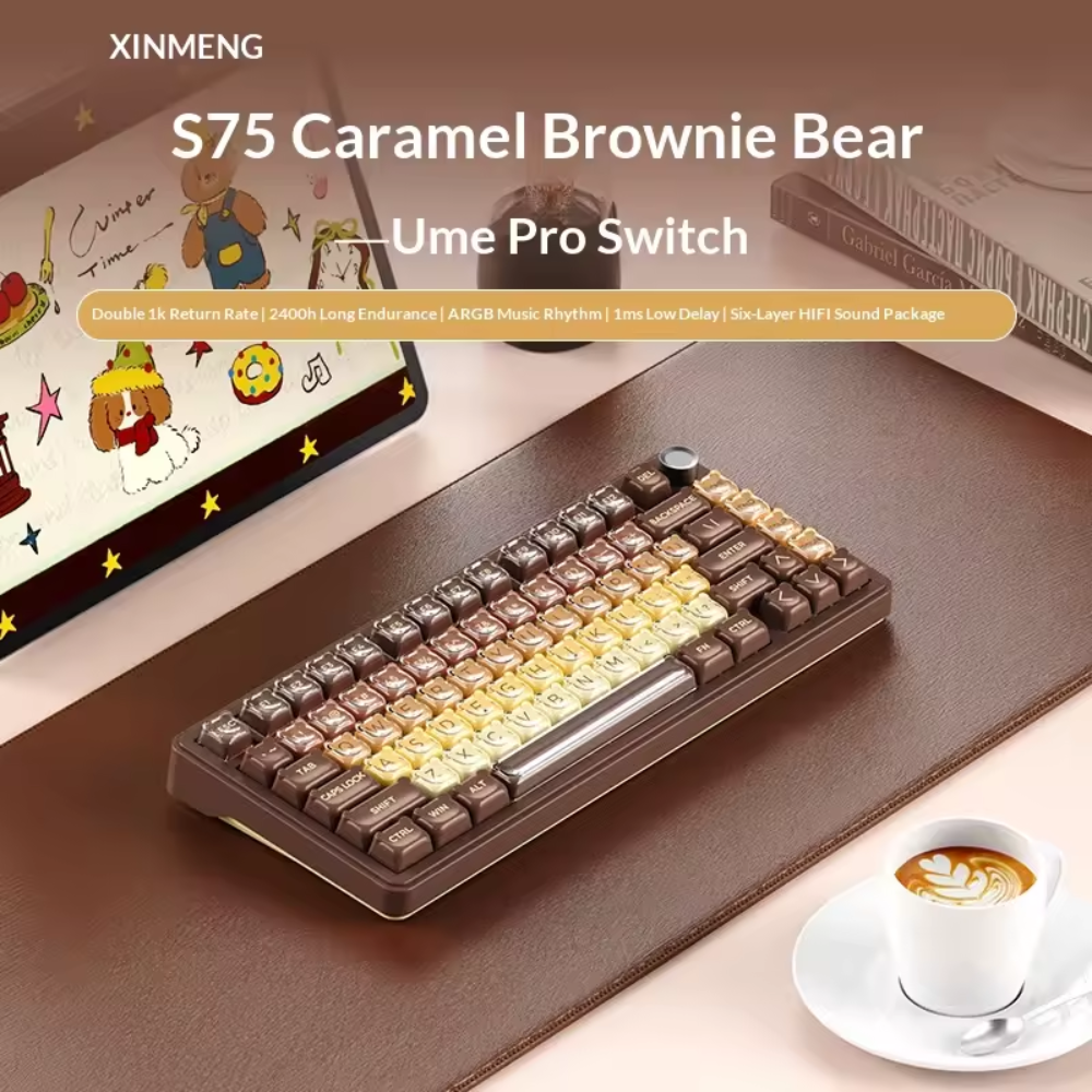 Xinmeng S75 Dual 8K Tri Mode Wireless Gasket-Mounted Mechanical Keyboard, Caramal Brownie Bear 4 Xinmeng S75 Dual 8K Tri Mode Wireless Gasket-Mounted Mechanical Keyboard, Caramal Brownie Bear - Image 4